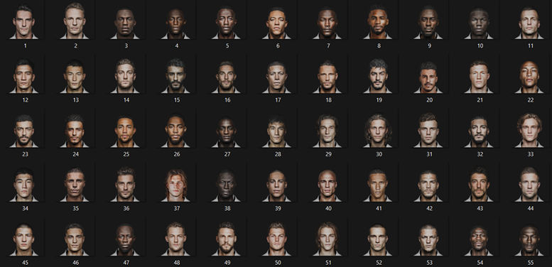 3D face models for 55 soccer players