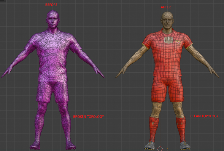 Player model retopology: broken topology before, clean topology after